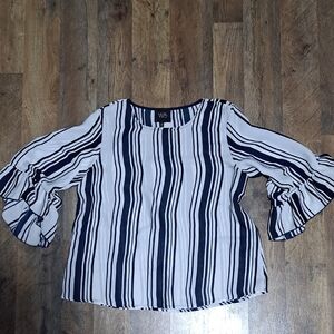 W5 Size Small Navy and White Striped Ruffle Sleeve Blouse
